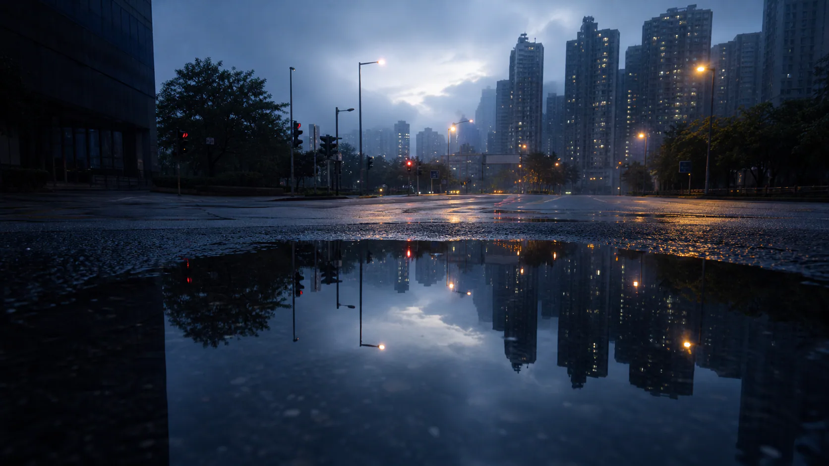 雨后空旷十字路口，低机位积水映出银色天空与远处琥珀路灯。