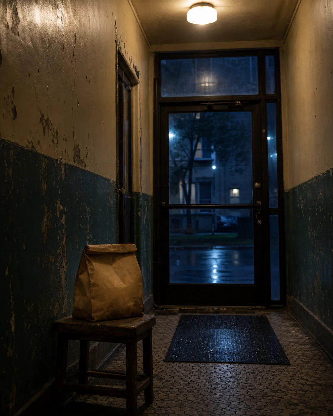 旧公寓门厅里，一个被雨浸软的无标纸袋放在矮凳上等待。